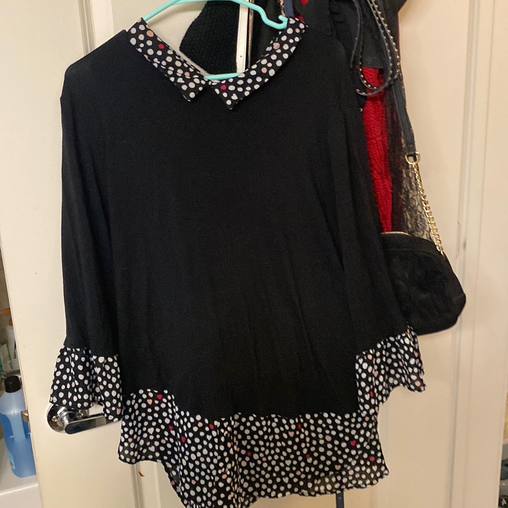 Women’s layered black Blouse with pink hearts and white poka dots